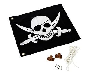 Flag with hoisting system for attaching to play towers, climbing towers, stilts houses or other play facilities (black with pirate motif)