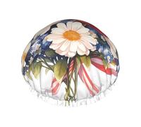 Flags and Flowers Shower Caps, Reusable Shower Cap for Women, Double Laye Waterproof Hair Cap, for All Hair Lengths