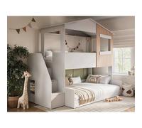 Flair Dreamland White and Oak Play House Triple Bunk Bed with Staircase - Size: Single + Small Double - Wilko