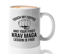 Flairy Land Krav Maga Coffee Mug 15oz White - Touch my coffee - Tackling Boxing Trainer Punching Taekwondo Gymnastics Sparring Taekwondo Karate Training