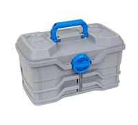 Flambeau Outdoors NextGen 4/0 Medium Tackle Box, 4 Pivot Trays, 23 Compartments, Includes 25-Piece Starter Tackle Kit, Light Gray
