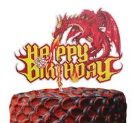 Flame Dragon & D20 Dice Birthday Cake Topper, Medieval Fantasy Birthday Party Decoration, DND Dragon Adventure Theme Party Supplies, TRPG Player Bday Party Décor