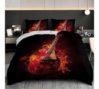 Flame Electric Guitar Super King Size Duvet Cover Sets Abstract Theme Bedding Set 3D Print Soft Microfiber Quilt Covers 260x220 cm with Zipper Closure and 2 Pillowcases 50x75 cm for Adults L.677