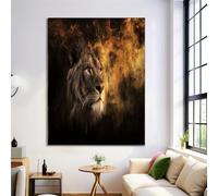 Flame Lion Face Canvas Paintings on the Wall Art Posters and Prints, Abstract Pictures Living Room Office Modern Home Decoration, 30x40cm Artistic Canvas Print, Dark Brown