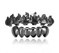 Flame Shape Teeth Grillz Set - 18K Gold Plated, Silver, Rose & Black Top & Bottom Hip Hop Mouth Grills, for Party Streetwear(Black)