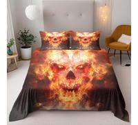 Flame Skull Duvet Cover Set Double Size 3D Printed Bedding Set Zipper Closure Quilt Cover With Pillowcase 50X75Cm For Kids Girls Boys Adults Bedroom Soft Easy Care Bedding 200 X 200 Cm