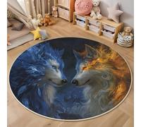 Flame Wolf Round Rug 100 Cm Washable, Mixed Colors Non-Slip Circle Rug, Fantasy Wild Animals Decorative Carpet, Soft Low Pile Bedside Carpet Decor, Living Room Bedroom Kitchen Nursery