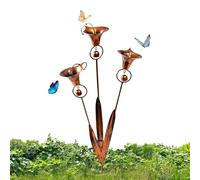 Flamed Copper Triple Calla Lily Garden Stake with Bells, Large Metal Plant Sculpture, Handmade Outdoor Wind Bell Stake Ornament, Decorative Yard Stakes for Patio Backyard Accents Garden Pathways