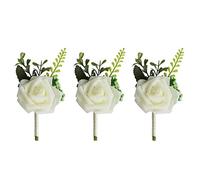 FLAMEER 3Pcs Boutonniere Buttonholes Groom Groomsman Best Man Rose Wedding Flowers Party Prom Suit Decoration - White