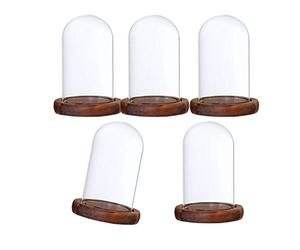 FLAMEER 5Pcs 7x12cm Glass Landscape Flower Container LED Light Ornament Display Stand Cover Dome with Wooden Base Brown