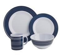 Flamefield Navy Blue Pinstripe 16 Piece Camping Caravan Melamine Dinner Set SB01