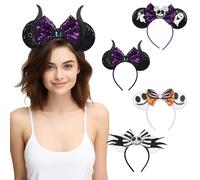 FlameFlash 4pack Mouse Ears Halloween Headbands for Women, Costume Party Hair Accessories, Shiny Purple/Orange/Stripe Bow Head Wears for Party Cosplay Decorations