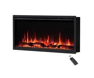 FLAMEKO 36" Media Wall Slim Frame Electric Fireplace, Avena, Black | With 750W-1.5kW Heater, Recessed/Wall Mounted/Freestanding Electric Fire, 9 LED Colour Flame Options, with Logs & Crystals