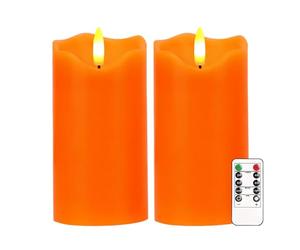 Flameless Candles Lights, 2 Pcs Orange Flickering LED Candles with Remote & Timer, Dimmable LED Candle Battery Operated, Electric Candle for Thanksgiving Halloween Fall Harvest Decor (2 Pack Orange)