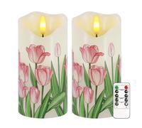 Flameless Candles Set of 2, 6"x3" Flickering Tulip LED Candles with Remote & Timer, Dimmable Real Wax Electric Pillar Candles Battery Operated, Birthday Gift Mother's Day Gift for Mom Women (Tulip)