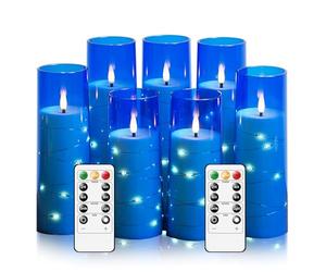 Flameless Candles,with Embedded Star String, Battery Operated Candles Flickering LED Pillar Candles with Remote Control and Timer, Home Decoration Add a Warm and Romantic Atmosphere，Set of 7 (Blue)