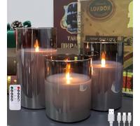 Flameless Candles with Remote, Type-C Rechargeable Led Flameless Candles, with Remote Control and Timer Function, Transparent Glass Pillar, Real Wax Lamp Body, The Effect is More Realistic (Grey)