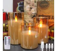 Flameless Candles with Remote, Type-C Rechargeable Led Flameless Candles, with Remote Control and Timer Function, Transparent Glass Pillar, Real Wax Lamp Body, The Effect is More Realistic (Gold)