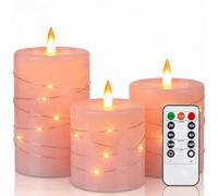 Flameless LED Candles with String Lights, 3Pcs Pink Paraffin Wax Pillar Candles with Remote & Timer, Battery Operated Flickering Candles for Home Decor, Wedding, Valentine's & Gift (Light Pink)