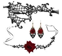 Flamenco Accessories Set - Women’s Rose Choker Necklace & Gothic Earrings, Lace Mask for Flamenco Dancer Costume, Halloween, Cosplay Party