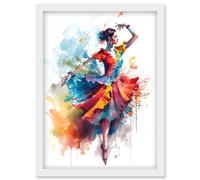 Flamenco Dancer in Motion Rainbow Colour Dress Dance Modern Watercolour Painting Artwork Framed Wall Art Print A4 Artery8 White One Size