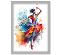 Flamenco Dancer in Motion Rainbow Colour Dress Dance Modern Watercolour Painting Artwork Framed Wall Art Print A4 Artery8 Light Grey One Size