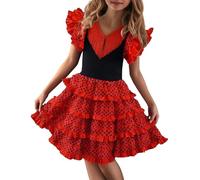 Flamenco Dress Spanish Dance Costume Ruffled Tiered Skirt Performance Attire Adjustable Straps 2-11Y
