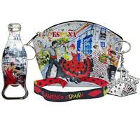 Flamenco Fabric Purse, with Bottle Opener, Keychain and Embroidered Fabric Bracelet. Cheerful Designs of Spain and Flamenco., Flamenco Street, Bottle, Black, Classic