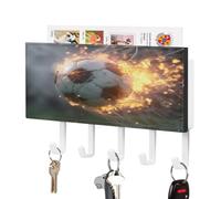 Flames Sports Socceres Print Key Holder Wall Mount with 5 Hooks White | PU Leather,Entryway Keys Hook,Key Hanger for Door and Wall