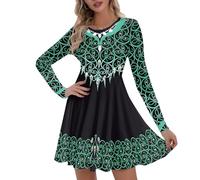 Flaminet Women's St. Patrick's Day Long Sleeves Printed Irish Twirl Dance Dress, Green St Patrick, S