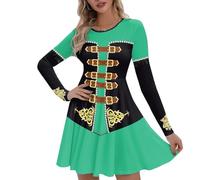 Flaminet Women's St. Patrick's Day Long Sleeves Printed Irish Twirl Dance Dress, St. Patricks Costume, L