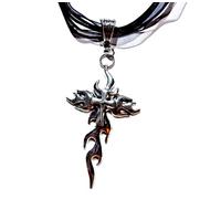 Flaming Cross Necklace - 90s Grunge Inspired Fire & Crux Silver Tone Pendant on 16-18" Black Ribbon Choker