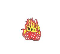 Flaming Dice Lapel Pin, Red and Yellow Fire Design, Enamel Badge, Comes in Gift Box