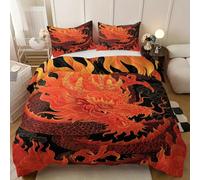 Flaming Dragon King Size Duvet Cover Sets, Eastern Cultural Style duvet cover, Black Background Soft Printed Microfiber Bedding Set, Asian Style 220 x 230 cm Duvet Covers with Pillowcases