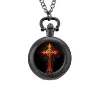 Flaming Egyptian Ankh Vintage Pocket Watch Alloy Pendant Watches Necklace Gift for Men Women Black-Style