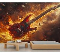 Flaming Electric Guitar Mural Exploding Guitar Wallpaper Rock Music Wall Mural Extra Large Panoramic Wallpaper Hotel Restaurant Lobby Custom Wall Paper (Non-self-Adhesive)