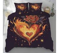 Flaming Heart Rose King Duvet Set Premium Brushed Microfiber Duvet Cover Sets Ultrasoft Hypoallergenic Painted Flame Star Floral Reversible 3PCS Bedding Set 220x240cm With Zipper Closure