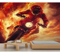 Flaming Motorcycle Mural Motorcycle Racer Wall Mural Racing Sports Murals Fantasy Cartoon Children's Murals Boys Bedroom Wallpaper for Living Room Hotel Apartment 200 x 140 cm