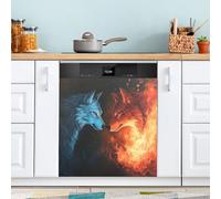 Flaming Red and Blue Wolf Dishwasher Magnet Cover for Door Front, Large Metal Decorative Kitchen Dishwasher Panel Decal Refrigerator Magnetic Decor Sticker 58 x 66 CM