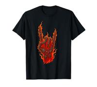 Flaming Rock On Skeleton Hand, Rock and Roll Sign Art T-Shirt