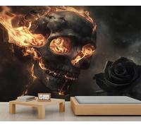 Flaming Skull Mural Horror Skull Wallpaper Demon Skeleton Wall Mural Oversized Wall Poster Style Playroom Cafe Decor Poster Background Decor (Non-self-Adhesive)