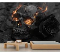 Flaming Skull Mural Mysterious Black Rose Wallpaper Gothic Dark Skeleton Wall Mural Large Panoramic Accent Wallpaper Bedroom Living Room 3D Sofa Backdrop (Non-self-Adhesive)