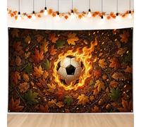 Flaming Soccer Ball Autumn Theme Backdrop Banner 83x59 Inch | Soccer Ball Motif, Photo Backdrop, Burning Flame Effect, Fallen Maple Leaves, Acorn Accents, Sports Themed Decor