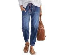 Flamingals Straight Leg Button Fly Jeans for Women Multi Pocket Mid Rise Jeans Without Belt Barrel Pants 27" Inseam, Mid Blue, Small 28" Waist
