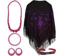 Flamingo Accessories Pack: Manila Shawl Embroidered with Flowers, Necklace, Bracelet, Earrings and Embroidered Bracelet for Popular Parties and Events (Black Purple)