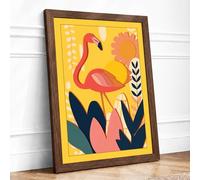 Flamingo and Foliage Mid-Century Framed Wall Art Print A3 (42×29.7cm) Walnut, Wall Decor for Living Room, Bedroom, Office & Home, Ready to Hang, Art Gift