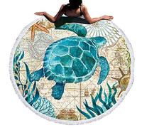 Flamingo and Ocean Animal Round Beach Towel with Tassels,Portable Lightweight Waterproof Sandproof Picnic Blanket Outdoor Blanket Gift Blanket,Adult Child Beach Blanket (Turtle, 150cm in diameter)