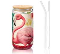 Flamingo And Pineapple 1 print Drinking Glasses With Lids And Glass Straw-16oz Can Shaped Glass Cups,Beer Glasses