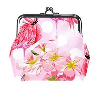 Flamingo and Pink Flower on Polka Dots Women’s PU Leather Coin Wallets Girls Mini Buckle Coin Purse Pouch