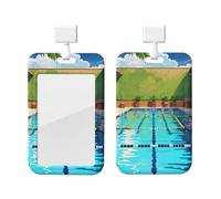 Flamingo and Swimming Pool Id Badge Holder with Lanyard-Vertical Card Protector Clear Abs Hard Shell, Retractable Reel for Work Office